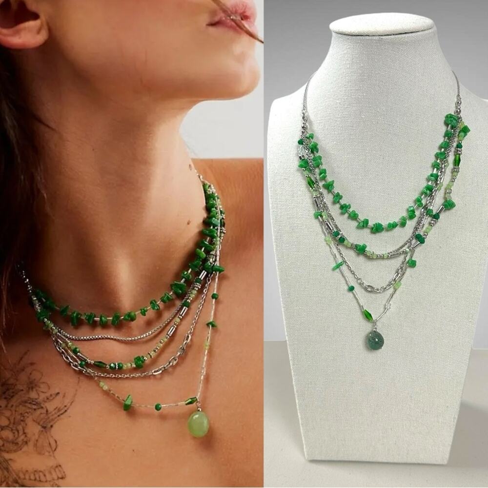 Free People Layered Green Beaded Multi-Chain Necklace
